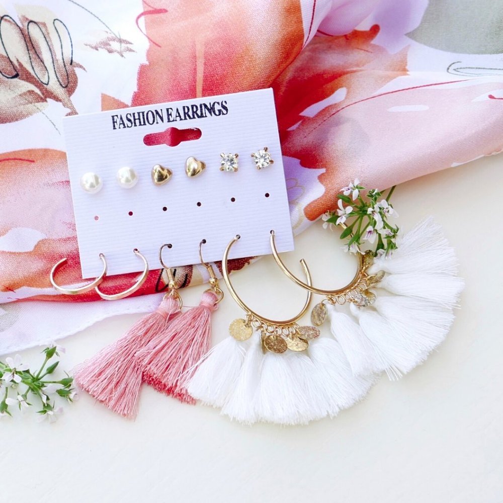 Tassels Hoops Studs Set White & Peachy Pink